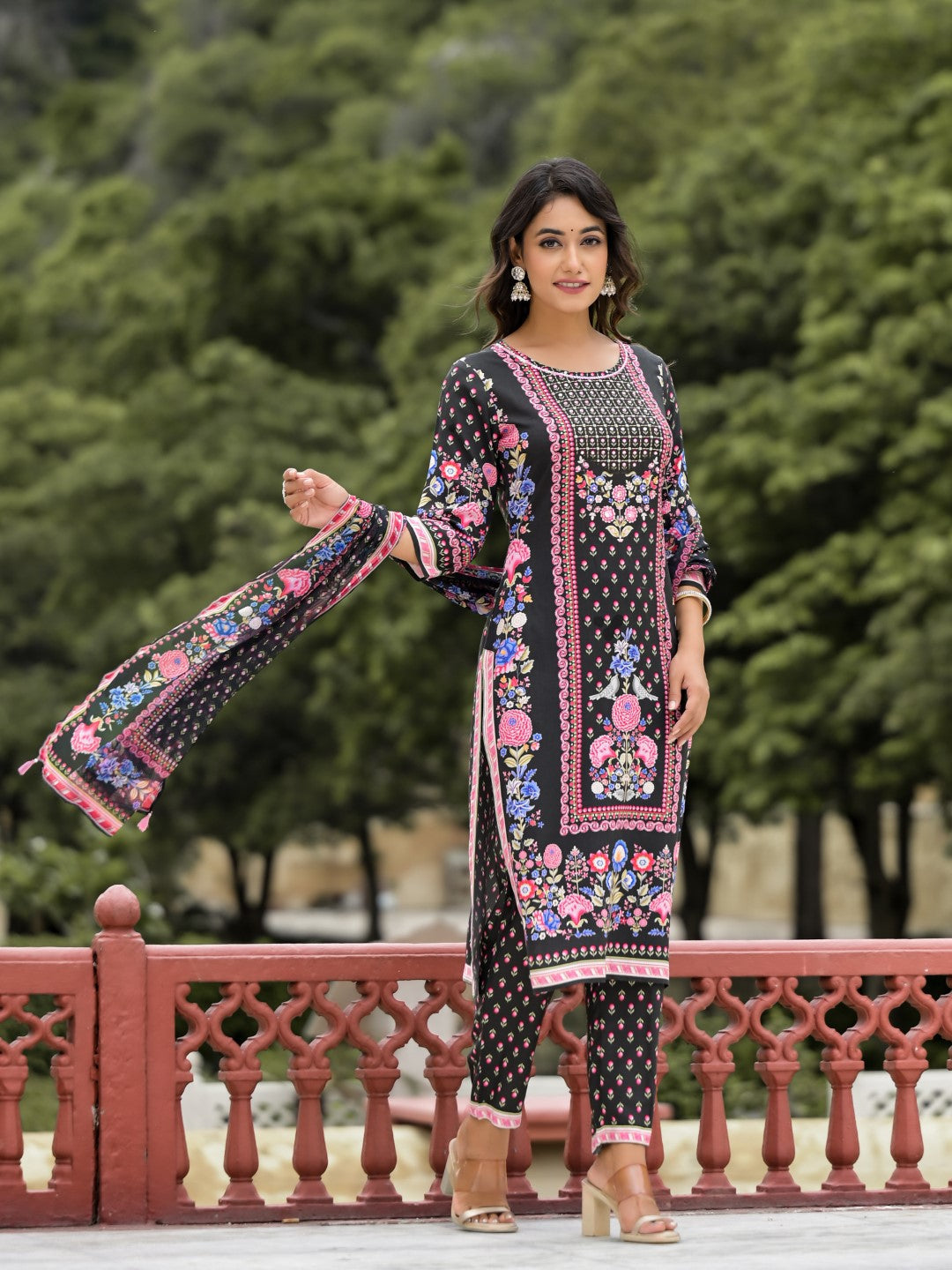 Juniper Women's Black Floral Printed Liva Rayon Kurta Pant And Dupatta Set With Tassels & Sequins | Grocsy