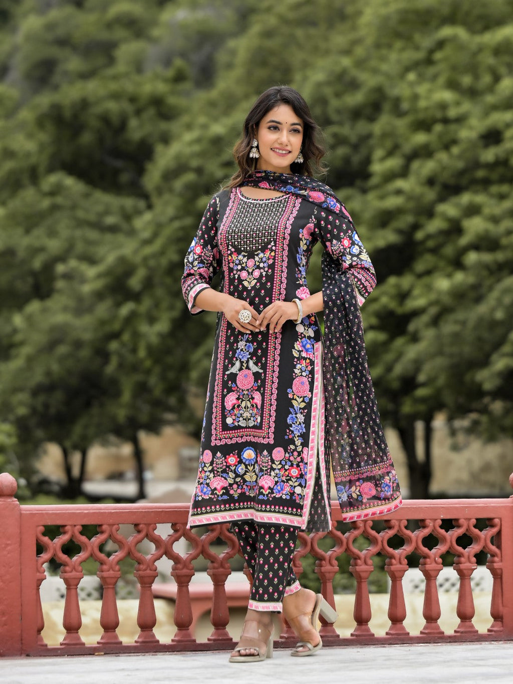 Juniper Women's Black Floral Printed Liva Rayon Kurta Pant And Dupatta Set With Tassels & Sequins | Grocsy