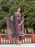Juniper Women's Black Floral Printed Liva Rayon Kurta Pant And Dupatta Set With Tassels & Sequins | Grocsy