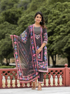 Juniper Women's Black Floral Printed Liva Rayon Kurta Pant And Dupatta Set With Tassels & Sequins | Grocsy