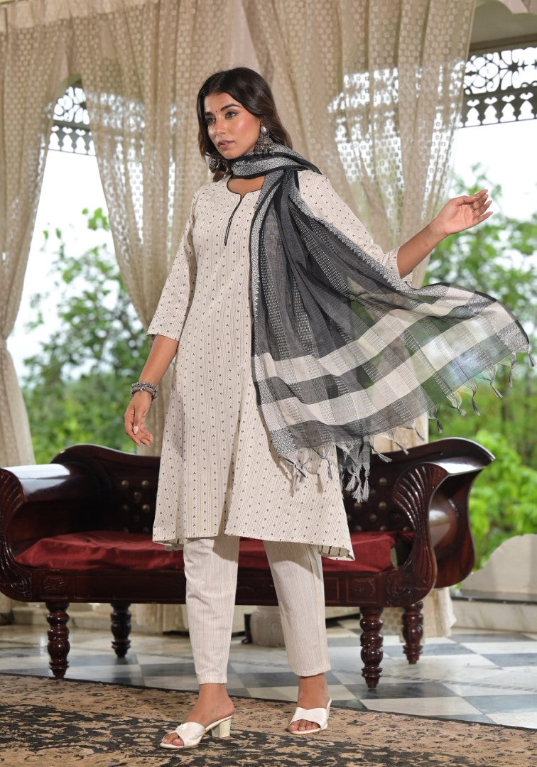Juniper Women's Off White Geometric Printed Cotton Kurta Pant Set With Tassels On Dupatta | Grocsy