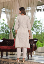 Juniper Women's Off White Geometric Printed Cotton Kurta Pant Set With Tassels On Dupatta | Grocsy