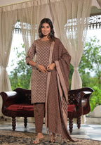 Juniper Women's Brown Geometric Printed Cotton Kurta Pant Set With Tassels On Dupatta | Grocsy