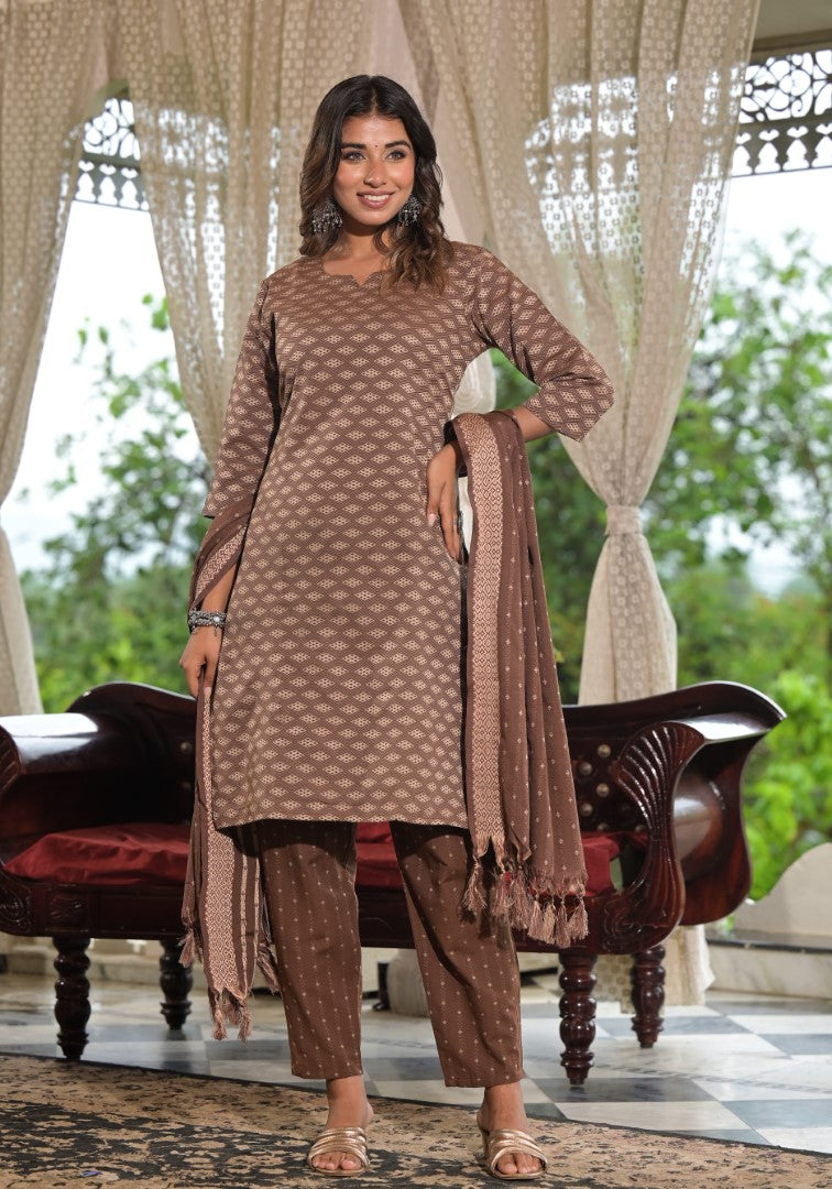 Juniper Women's Brown Geometric Printed Cotton Kurta Pant Set With Tassels On Dupatta | Grocsy