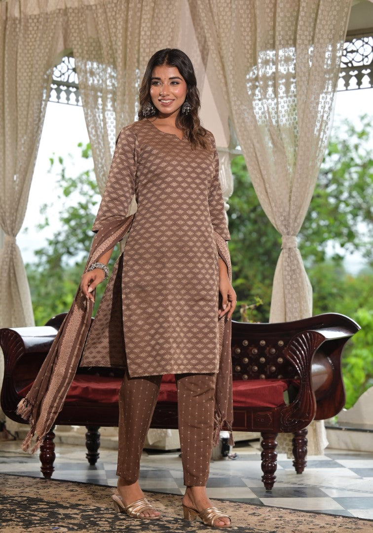 Juniper Women's Brown Geometric Printed Cotton Kurta Pant Set With Tassels On Dupatta | Grocsy
