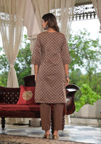 Juniper Women's Brown Geometric Printed Cotton Kurta Pant Set With Tassels On Dupatta | Grocsy