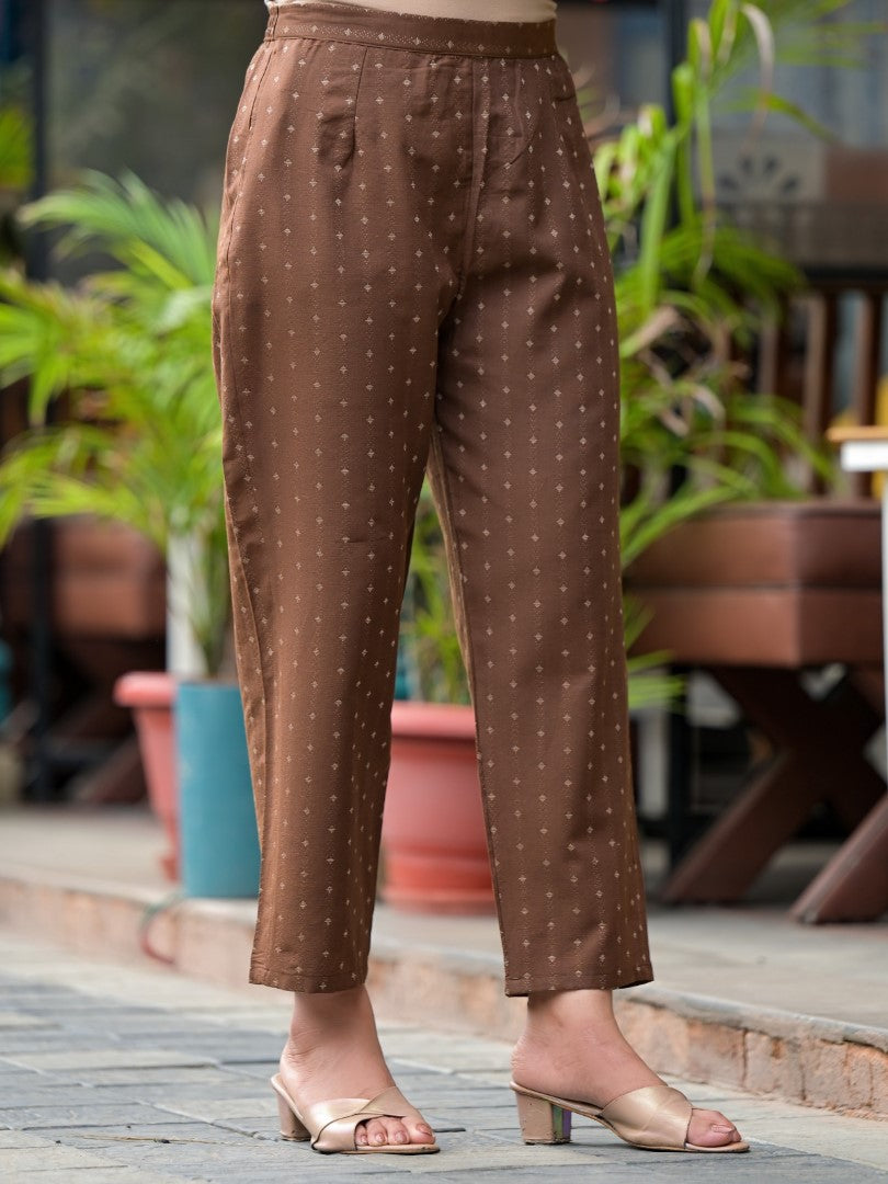 Juniper Women's Brown Geometric Printed Cotton Kurta Pant Set With Tassels On Dupatta | Grocsy