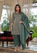 Juniper Women's Green Geometric Printed Cotton Kurta Pant Set With Tassels On Dupatta | Grocsy