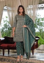 Juniper Women's Green Geometric Printed Cotton Kurta Pant Set With Tassels On Dupatta | Grocsy