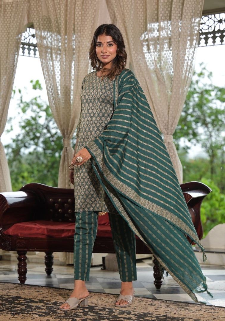 Juniper Women's Green Geometric Printed Cotton Kurta Pant Set With Tassels On Dupatta | Grocsy