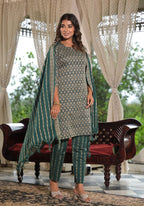Juniper Women's Green Geometric Printed Cotton Kurta Pant Set With Tassels On Dupatta | Grocsy