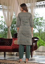 Juniper Women's Green Geometric Printed Cotton Kurta Pant Set With Tassels On Dupatta | Grocsy