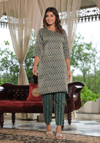 Juniper Women's Green Geometric Printed Cotton Kurta Pant Set With Tassels On Dupatta | Grocsy
