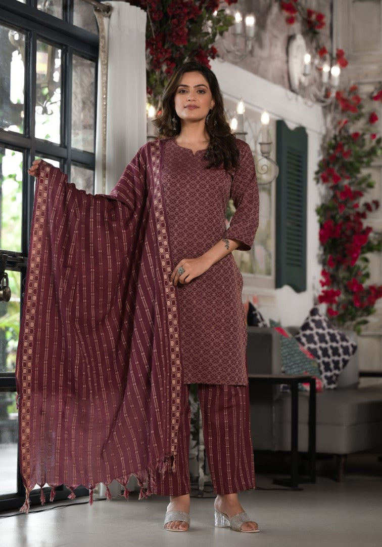 Juniper Women's Plum Geometric Printed Cotton Kurta, PantWith Tassels On Dupatta | Grocsy