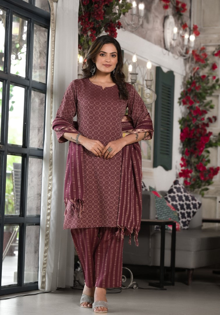 Juniper Women's Plum Geometric Printed Cotton Kurta, PantWith Tassels On Dupatta | Grocsy