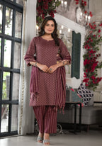 Juniper Women's Plum Geometric Printed Cotton Kurta, PantWith Tassels On Dupatta | Grocsy