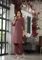 Juniper Women's Plum Geometric Printed Cotton Kurta, PantWith Tassels On Dupatta | Grocsy