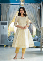 Juniper Ivory Ethnic Motif Printed Chanderi Kurta With Zari & Gota Patti Work | Grocsy