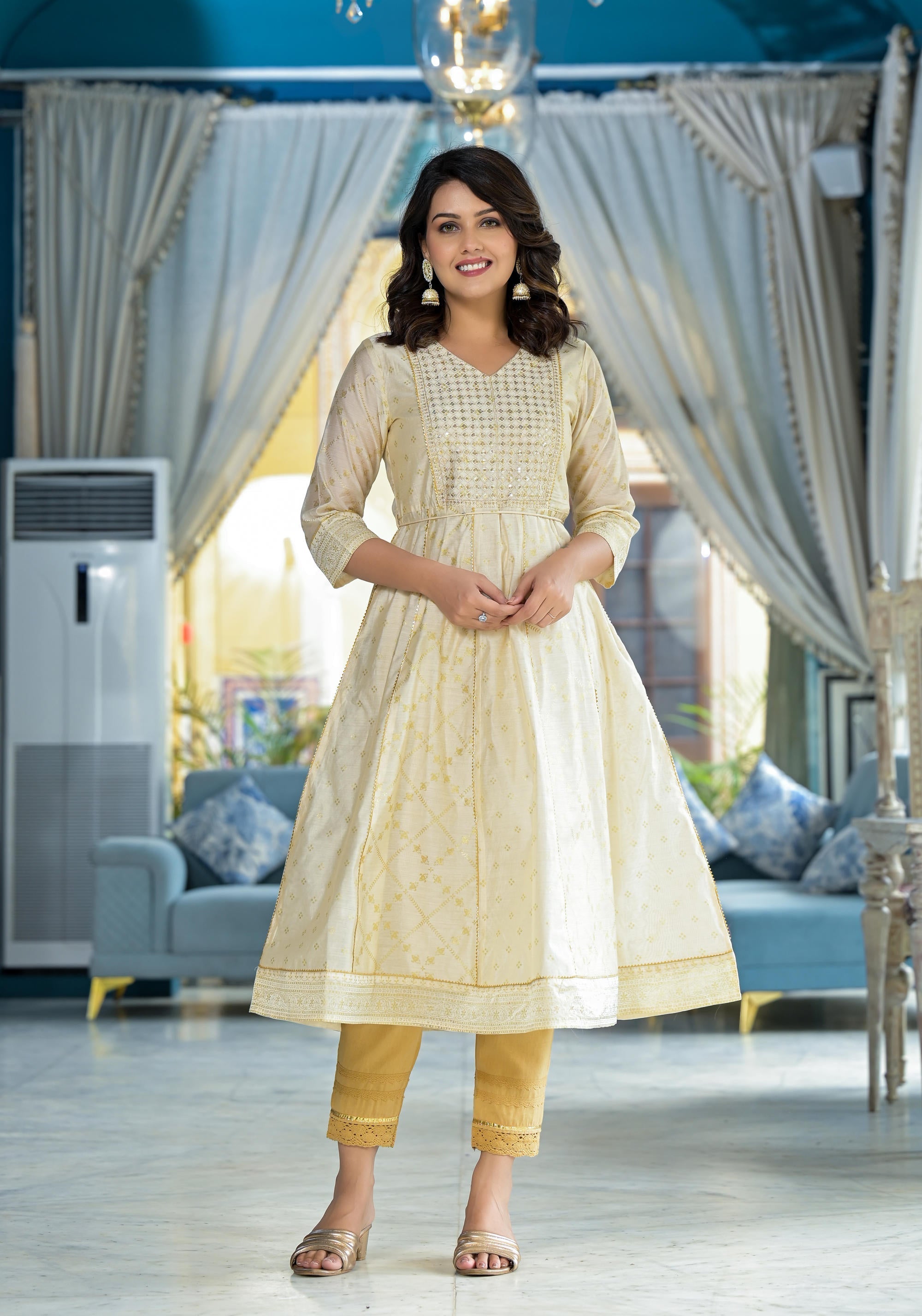 Juniper Ivory Ethnic Motif Printed Chanderi Kurta With Zari & Gota Patti Work | Grocsy