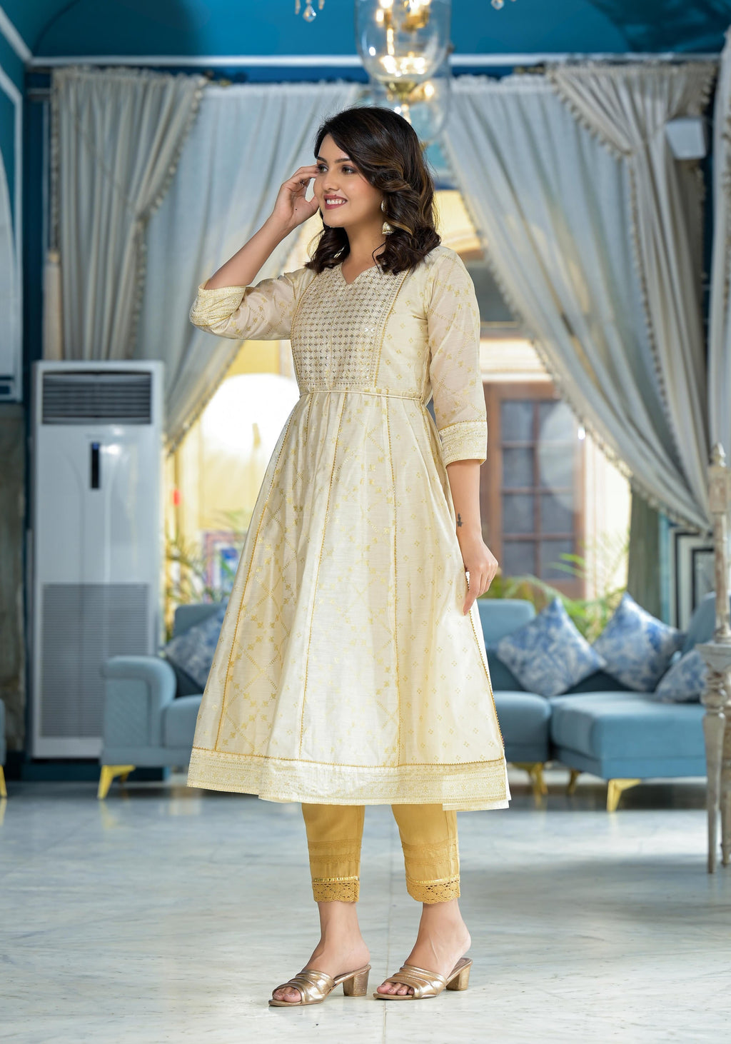 Juniper Ivory Ethnic Motif Printed Chanderi Kurta With Zari & Gota Patti Work | Grocsy