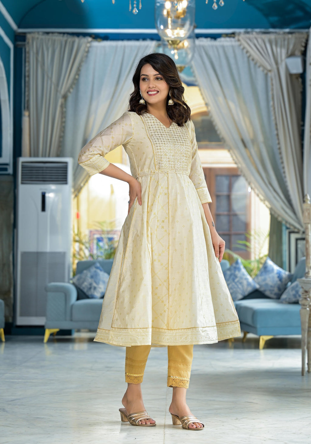 Juniper Ivory Ethnic Motif Printed Chanderi Kurta With Zari & Gota Patti Work | Grocsy