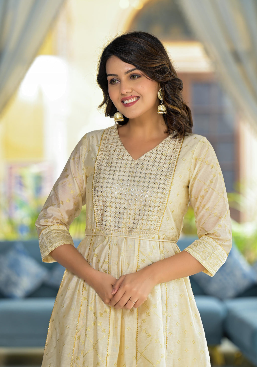 Juniper Ivory Ethnic Motif Printed Chanderi Kurta With Zari & Gota Patti Work | Grocsy