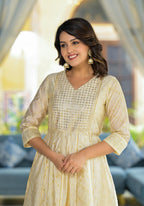 Juniper Ivory Ethnic Motif Printed Chanderi Kurta With Zari & Gota Patti Work | Grocsy