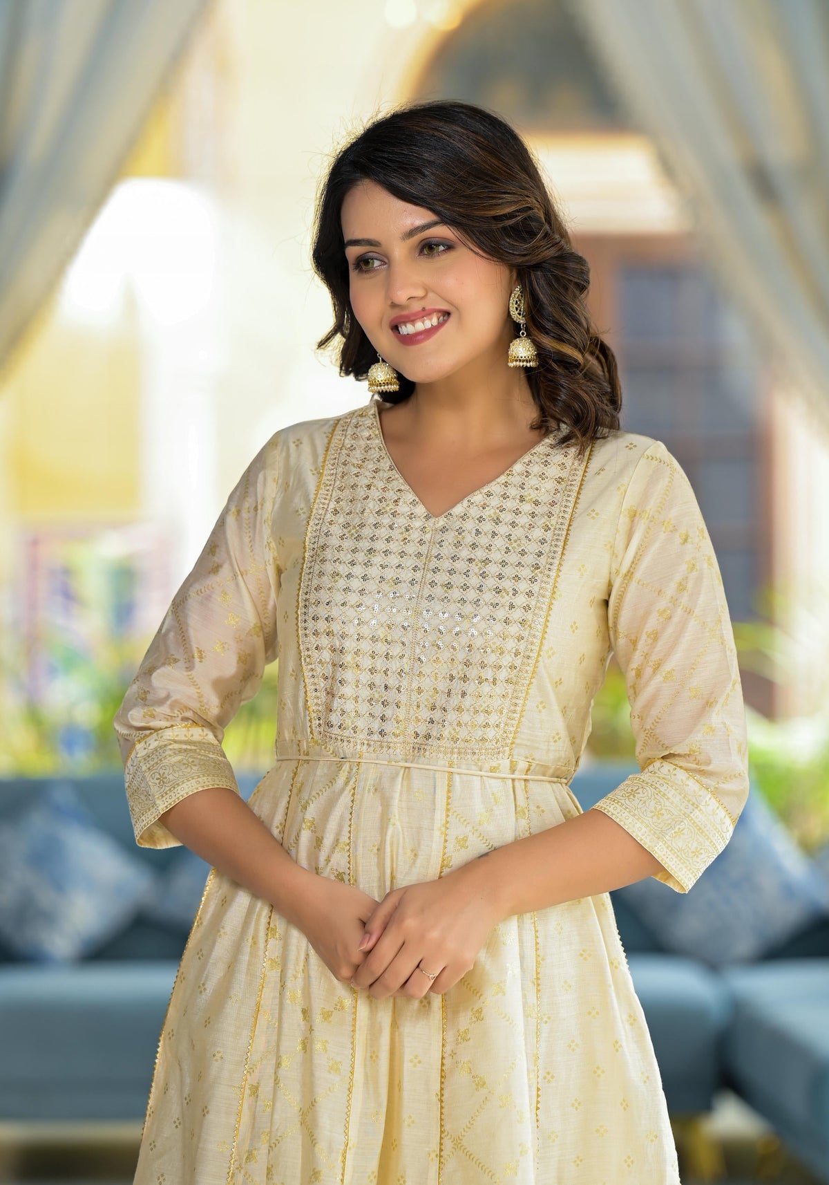 Juniper Ivory Ethnic Motif Printed Chanderi Kurta With Zari & Gota Patti Work | Grocsy