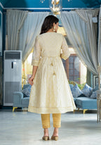 Juniper Ivory Ethnic Motif Printed Chanderi Kurta With Zari & Gota Patti Work | Grocsy