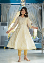 Juniper Ivory Ethnic Motif Printed Chanderi Kurta With Zari & Gota Patti Work | Grocsy
