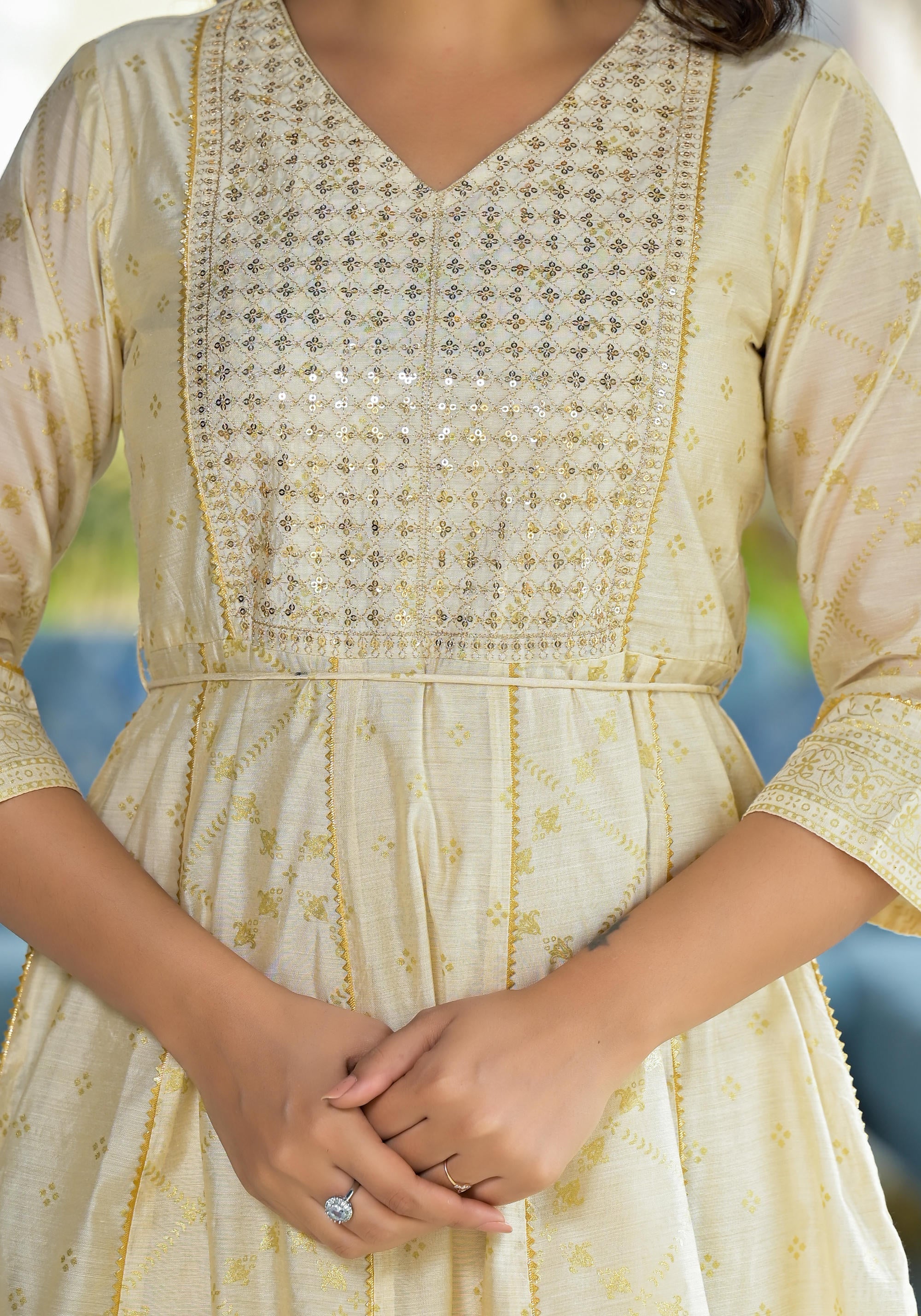 Juniper Ivory Ethnic Motif Printed Chanderi Kurta With Zari & Gota Patti Work | Grocsy