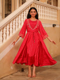 Juniper The Swarn Fuchsia Ethnic Motif Printed Viscose Dress With Dori & Zari Work | Grocsy