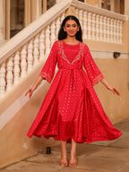 Juniper The Swarn Fuchsia Ethnic Motif Printed Viscose Dress With Dori & Zari Work | Grocsy