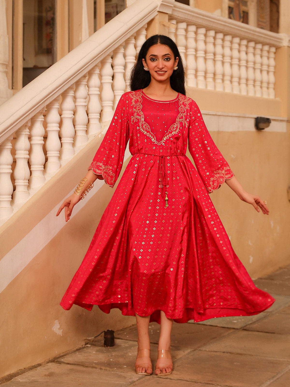 Juniper The Swarn Fuchsia Ethnic Motif Printed Viscose Dress With Dori & Zari Work | Grocsy
