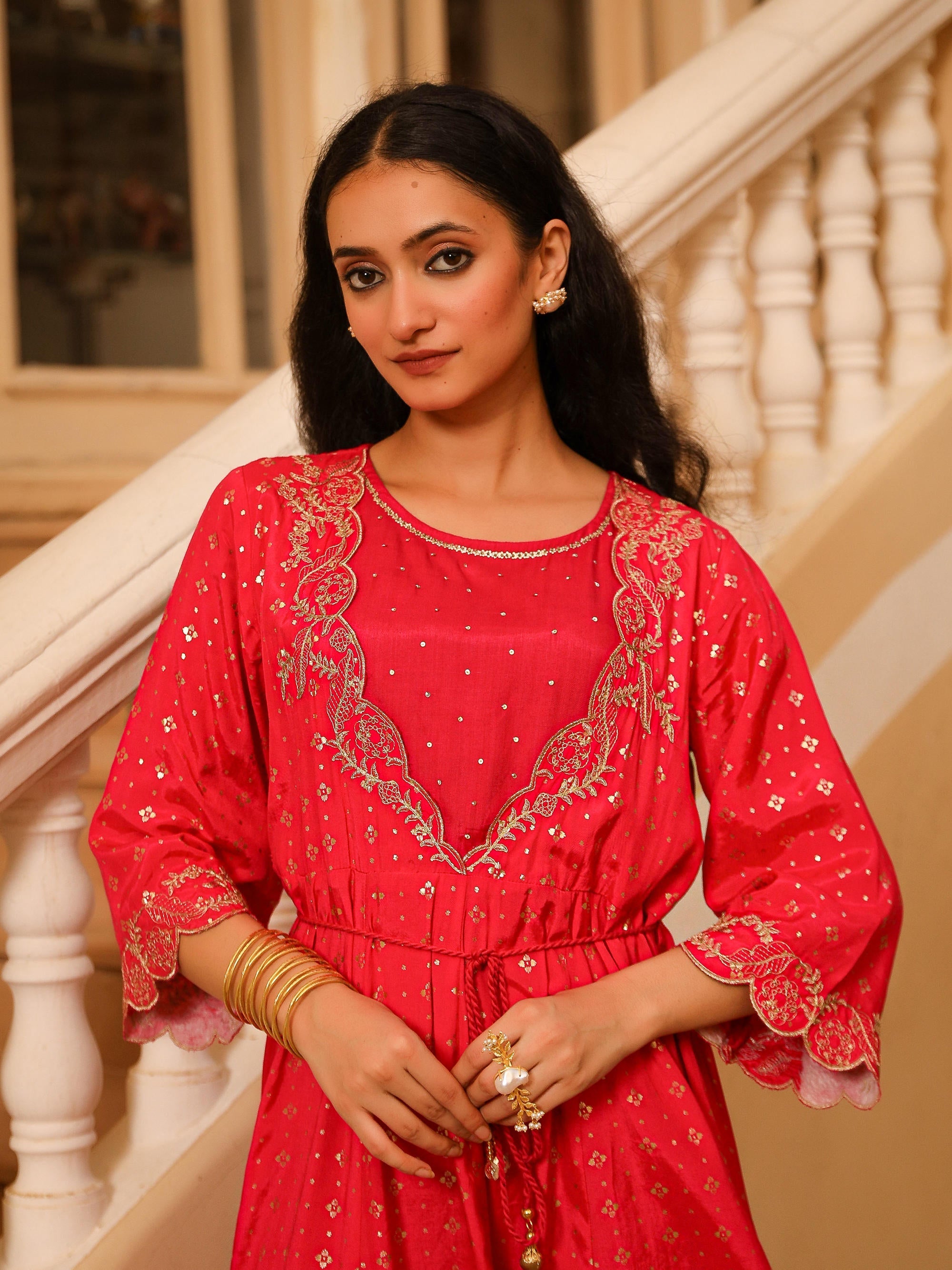 Juniper The Swarn Fuchsia Ethnic Motif Printed Viscose Dress With Dori & Zari Work | Grocsy