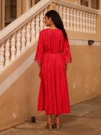 Juniper The Swarn Fuchsia Ethnic Motif Printed Viscose Dress With Dori & Zari Work | Grocsy