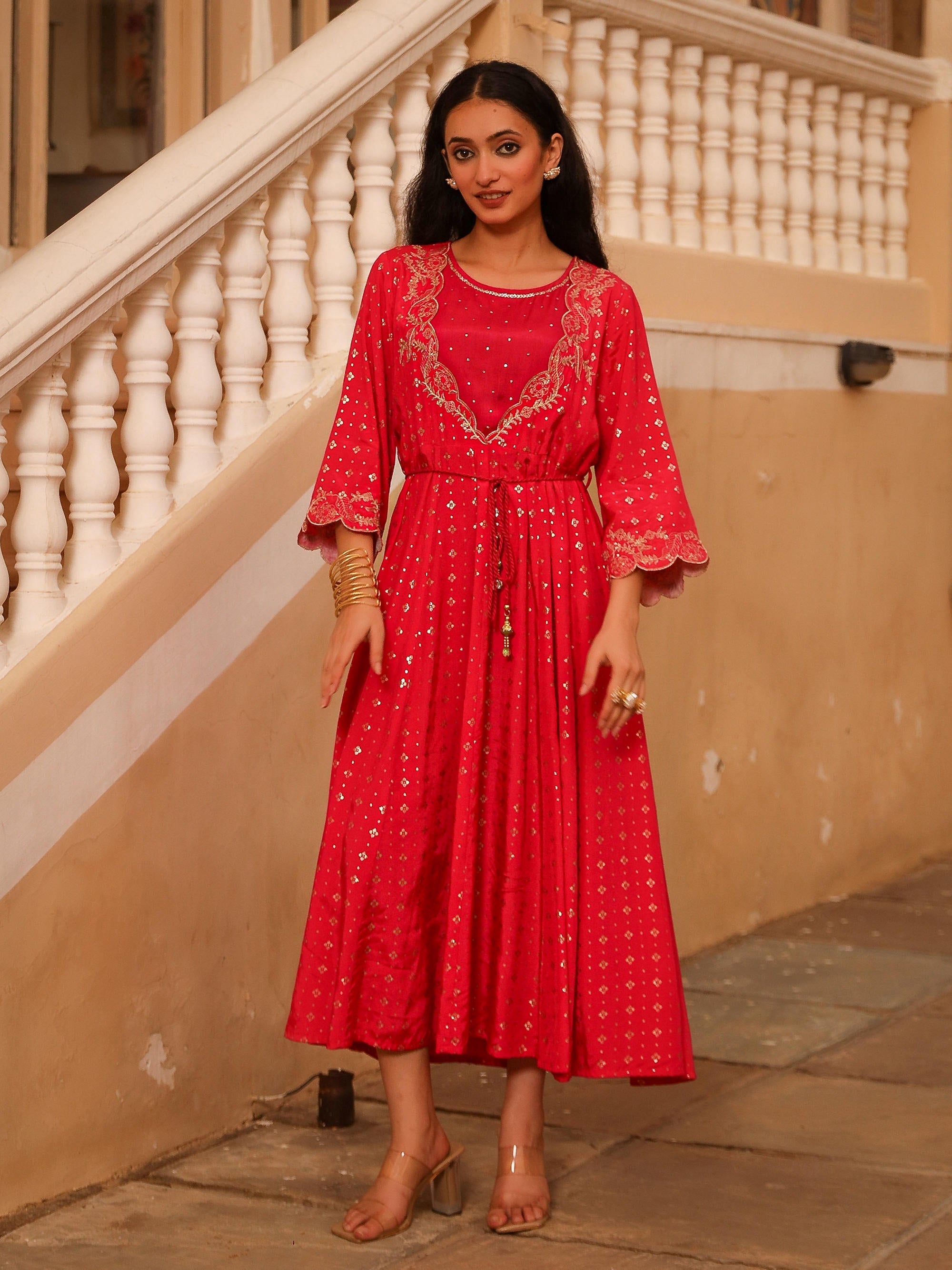 Juniper The Swarn Fuchsia Ethnic Motif Printed Viscose Dress With Dori & Zari Work | Grocsy