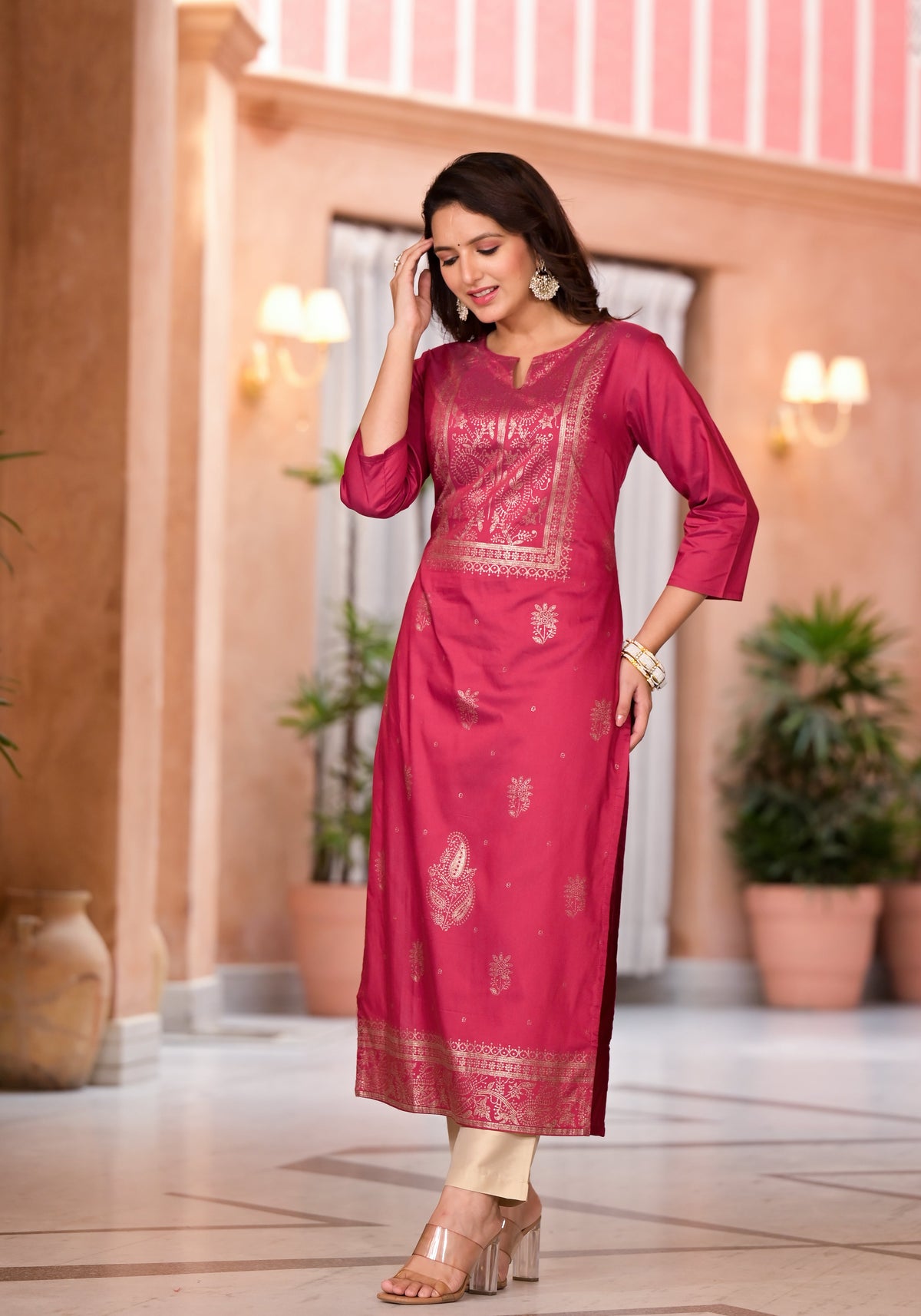 Juniper Women's Maroon Ethnic Motif Printed Cotton Kurta | Grocsy