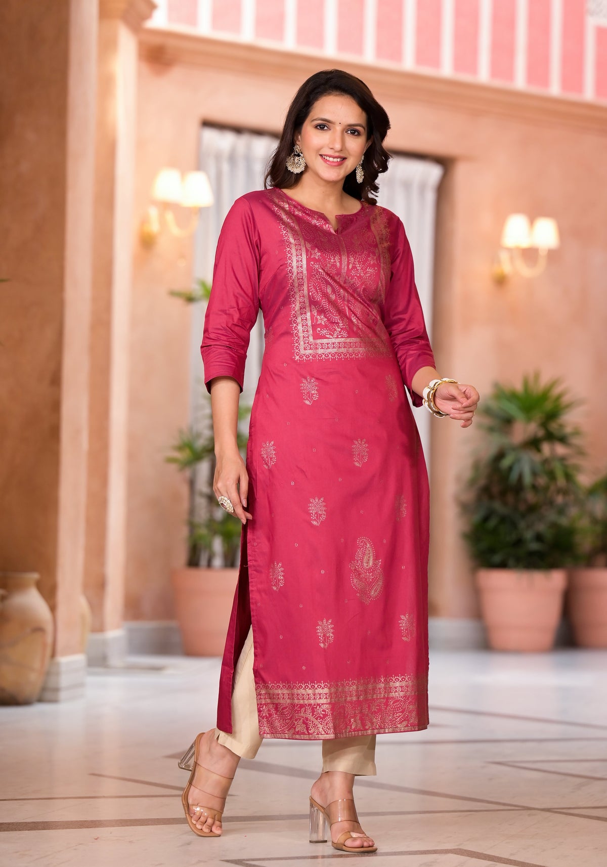 Juniper Women's Maroon Ethnic Motif Printed Cotton Kurta | Grocsy