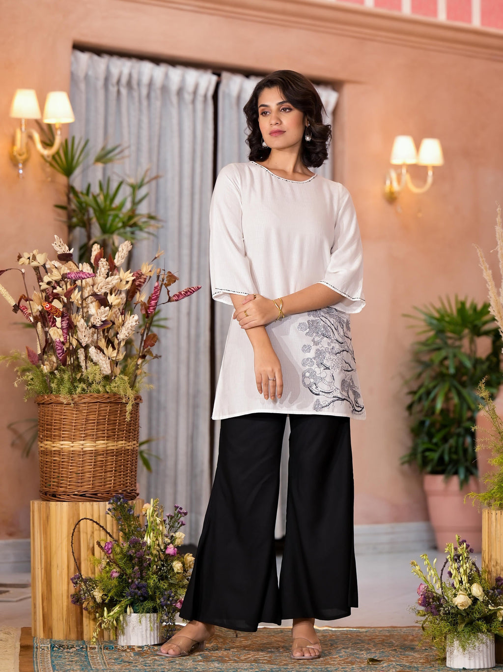 Juniper Women's White::Black Viscose Rayon Printed Palazzo Set | Grocsy