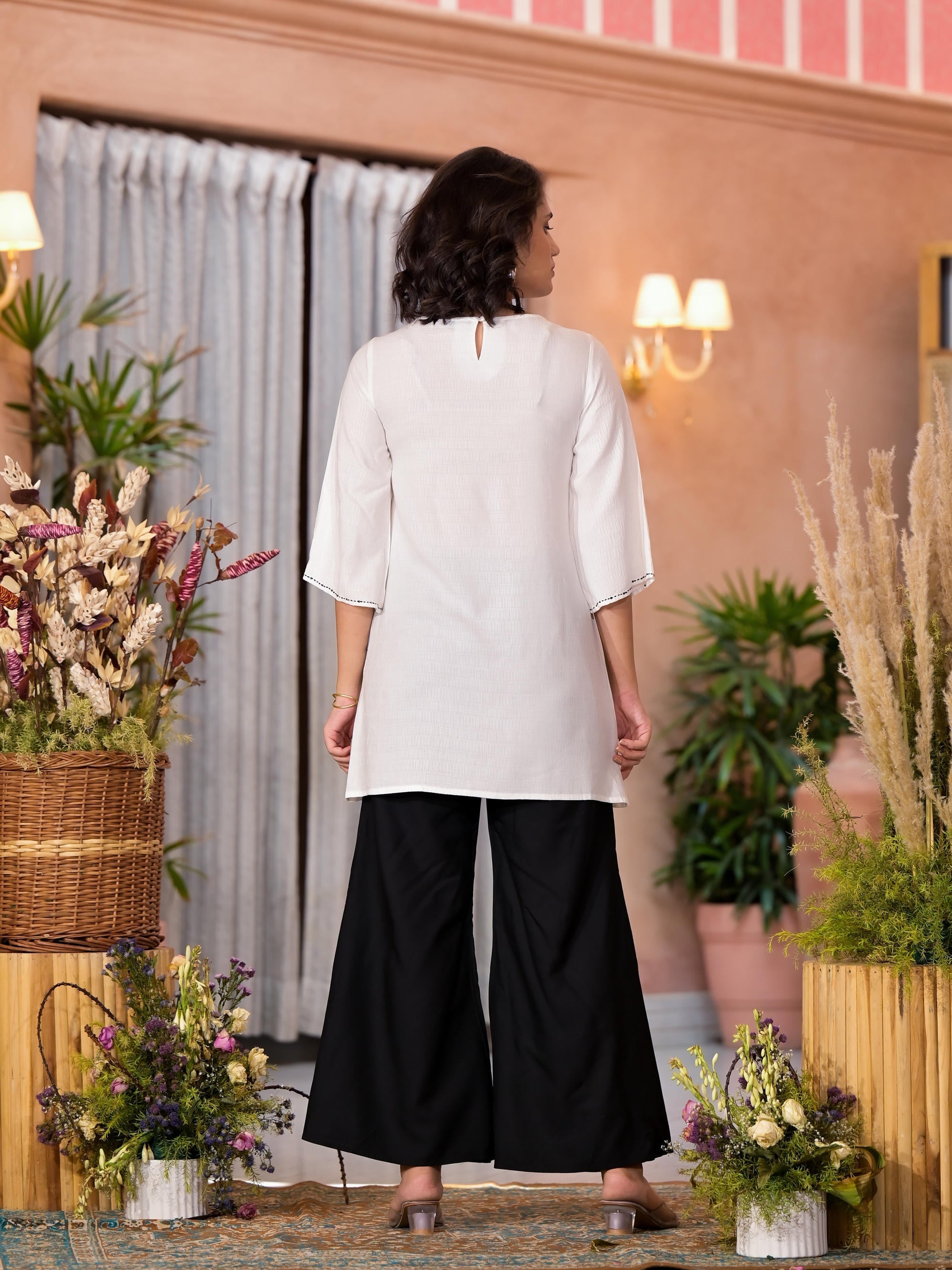 Juniper Women's White::Black Viscose Rayon Printed Palazzo Set | Grocsy
