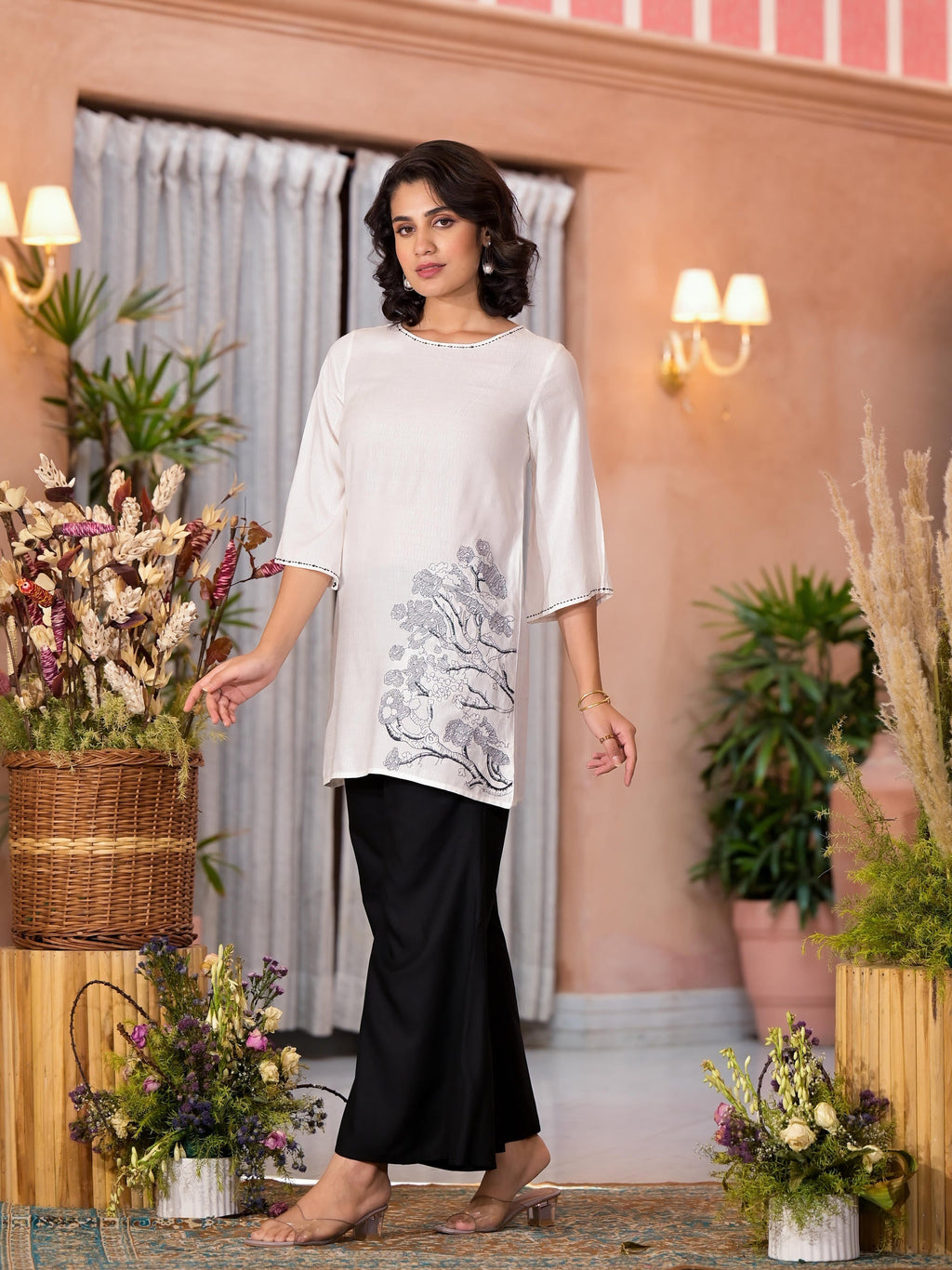 Juniper Women's White::Black Viscose Rayon Printed Palazzo Set | Grocsy