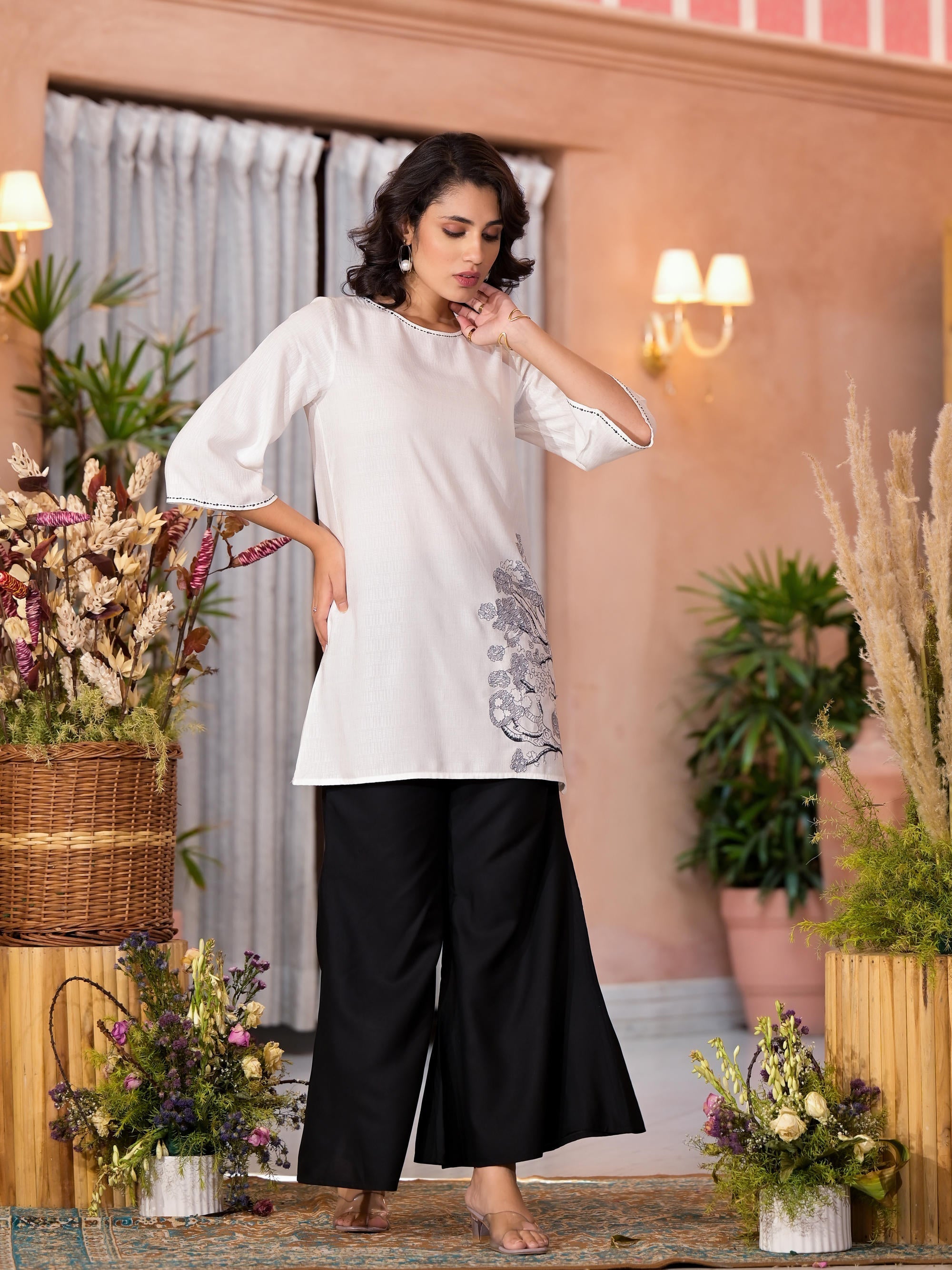 Juniper Women's White::Black Viscose Rayon Printed Palazzo Set | Grocsy