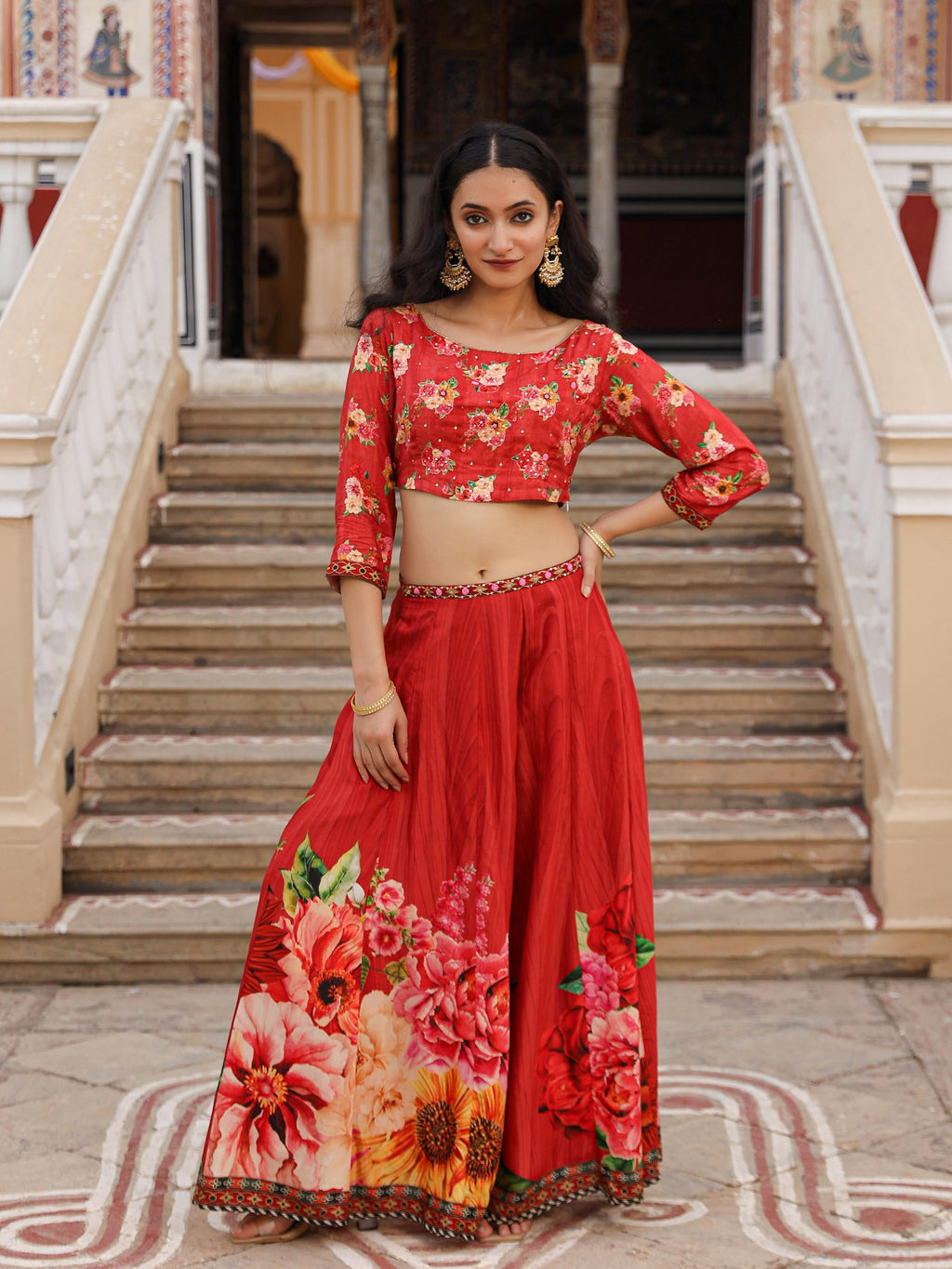 Juniper The Adah Rust Floral Printed Viscose Top & Skirt Set With Sequins & Thread Work | Grocsy