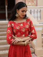Juniper The Adah Rust Floral Printed Viscose Top & Skirt Set With Sequins & Thread Work | Grocsy