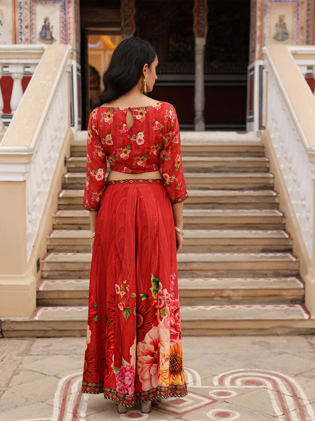 Juniper The Adah Rust Floral Printed Viscose Top & Skirt Set With Sequins & Thread Work | Grocsy
