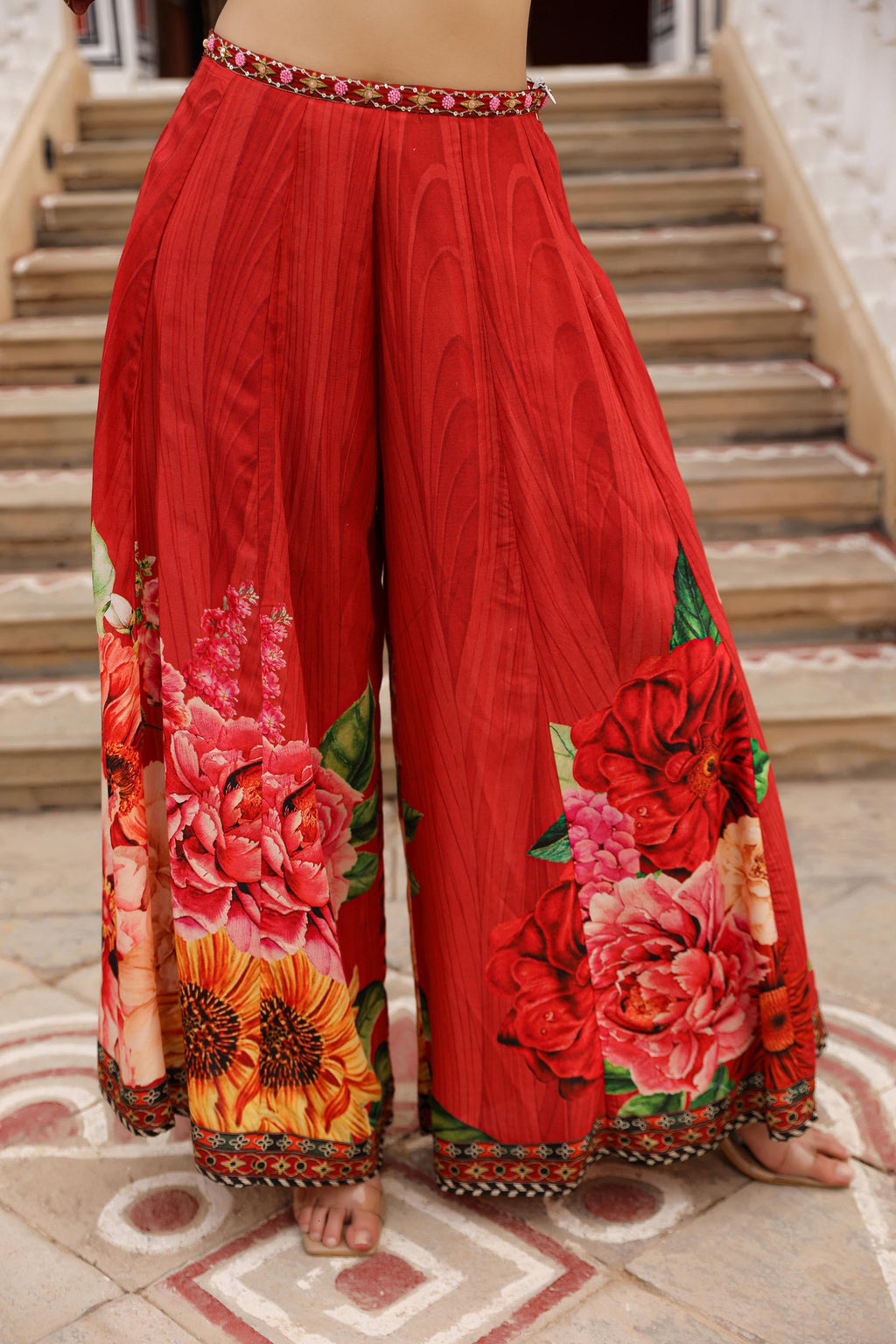 Juniper The Adah Rust Floral Printed Viscose Top & Skirt Set With Sequins & Thread Work | Grocsy