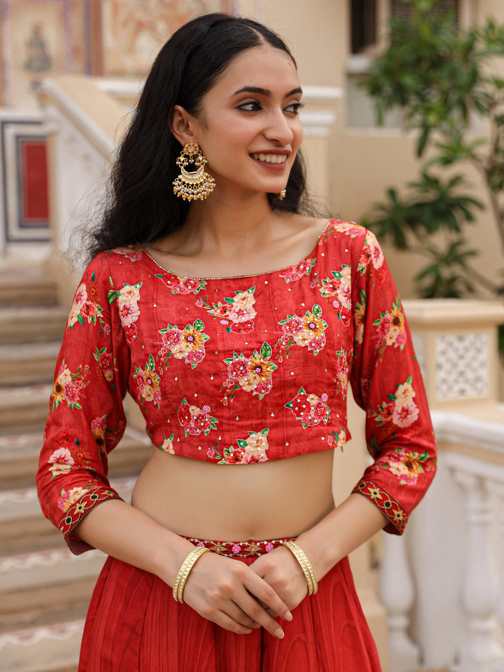 Juniper The Adah Rust Floral Printed Viscose Top & Skirt Set With Sequins & Thread Work | Grocsy