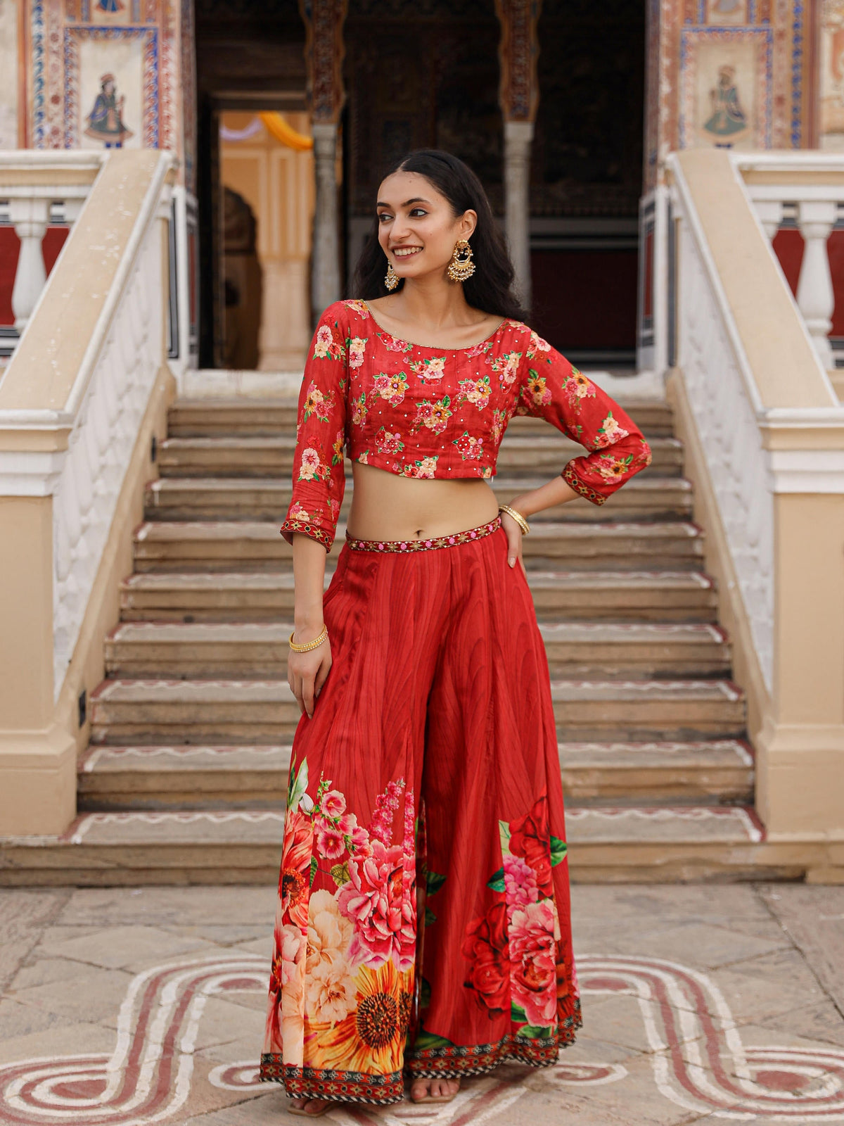 Juniper The Adah Rust Floral Printed Viscose Top & Skirt Set With Sequins & Thread Work | Grocsy