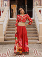 Juniper The Adah Rust Floral Printed Viscose Top & Skirt Set With Sequins & Thread Work | Grocsy
